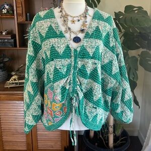 Kantha Bae Butterfly Cinch Tie Green Kantha Reversible V-Neck Top Shirt OS